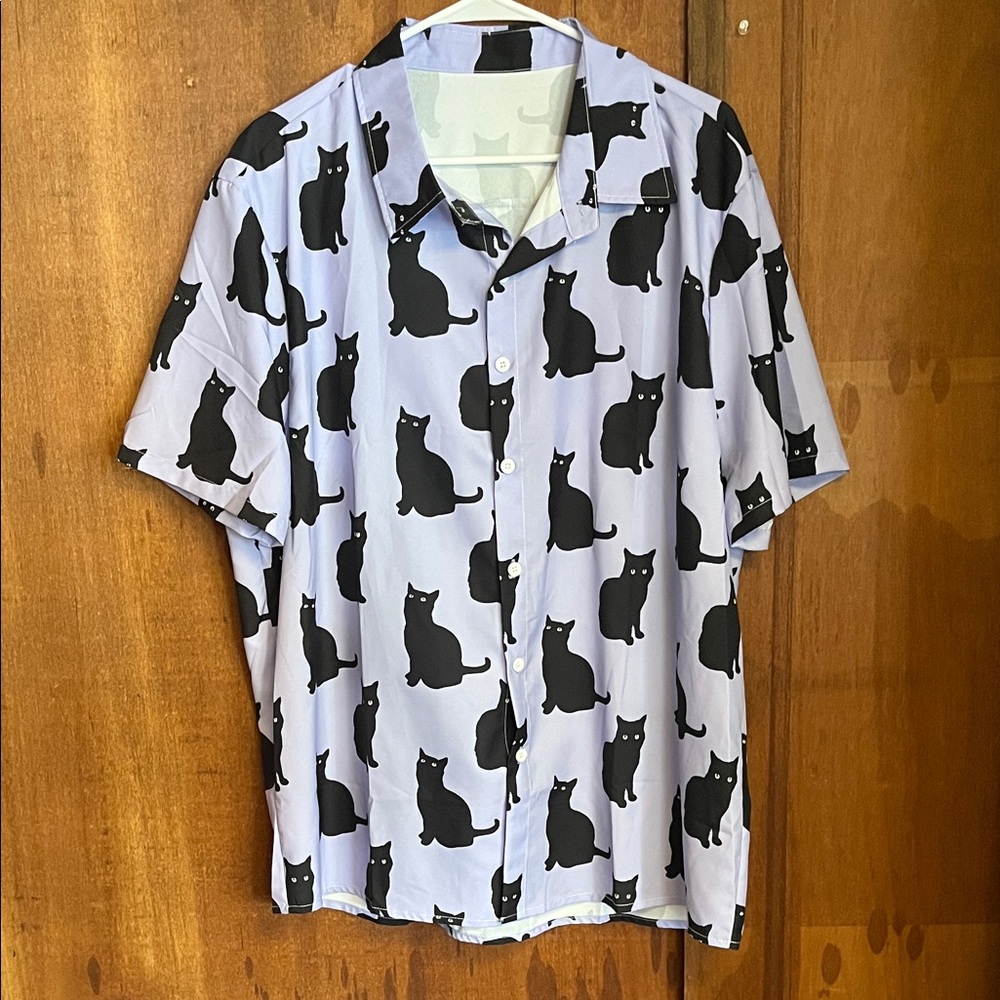 Lavender and Black  Casual Button Down Shirt with Cat Print